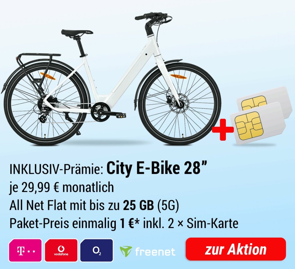 INKLUSIV-Prämie: City E-Bike 28 Zoll + 2x Sim-Karte All Net Flat 25 GB 5G